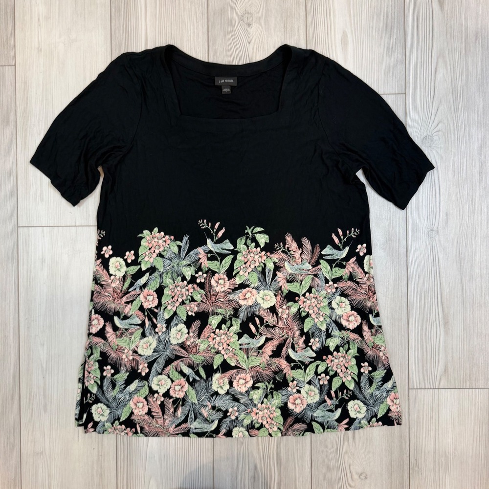 J. Jill Wearever Black Tropical Floral Border Print Square Neck Top Large